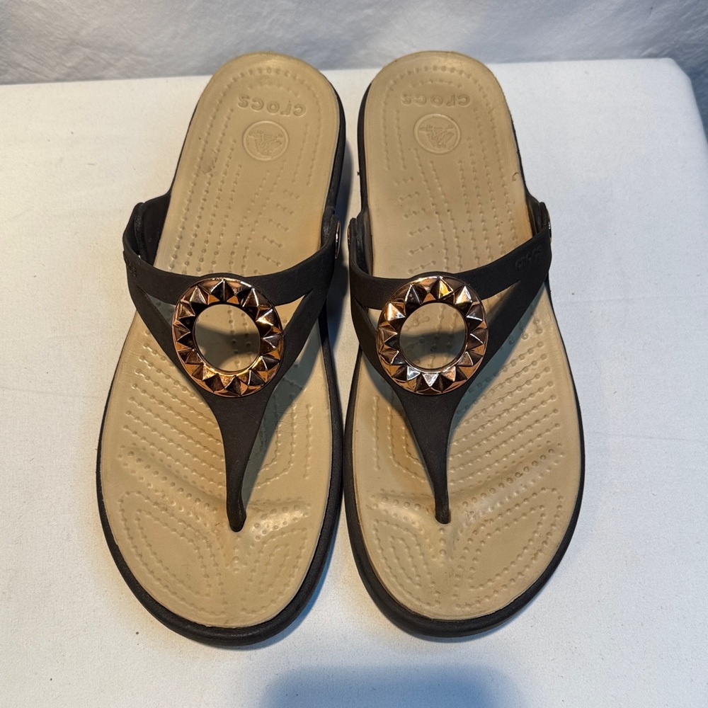 CROCS Black and Tan Women's Sandals - Picture 2 of 9